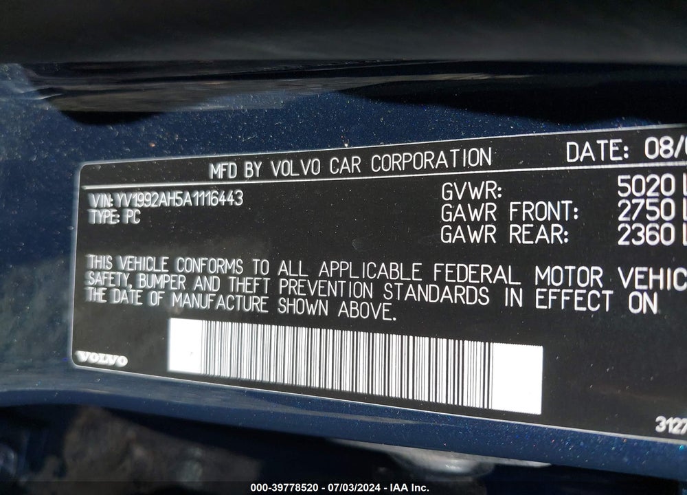 2010 VOLVO S80 T6 VIN: YV1992AH5A1116443