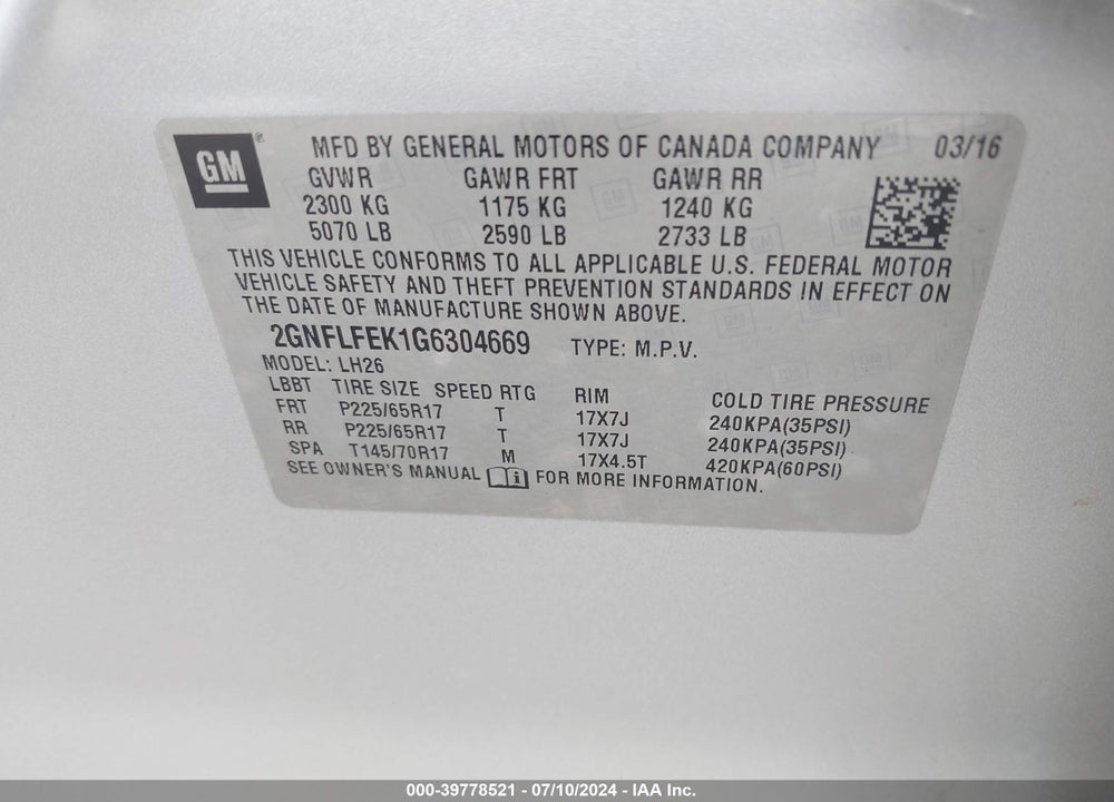 2016 CHEVROLET EQUINOX LT VIN: 2GNFLFEK1G6304669