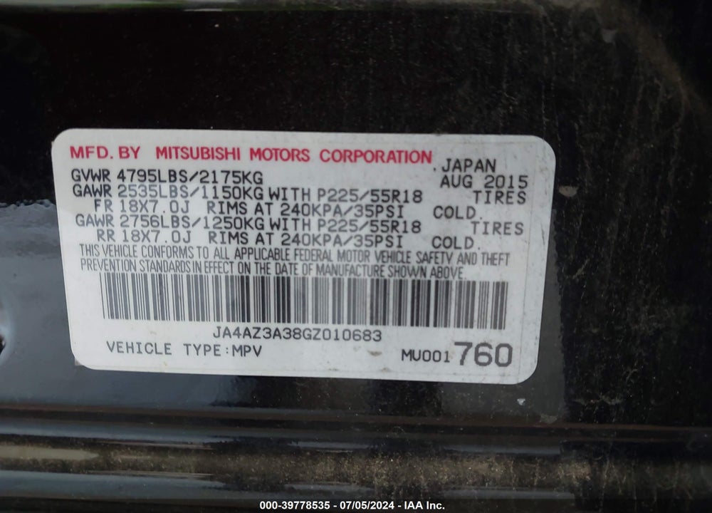 2016 MITSUBISHI OUTLANDER SE VIN: JA4AZ3A38GZ010683