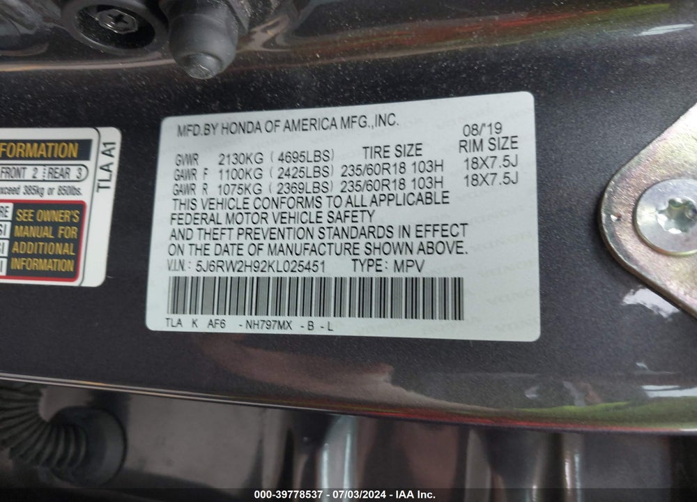 2019 HONDA CR-V TOURING VIN: 5J6RW2H92KL025451