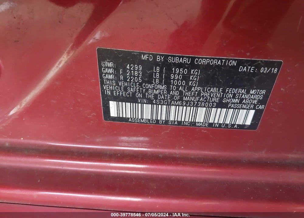 2018 SUBARU IMPREZA 2.0I SPORT VIN: 4S3GTAM69J3738003