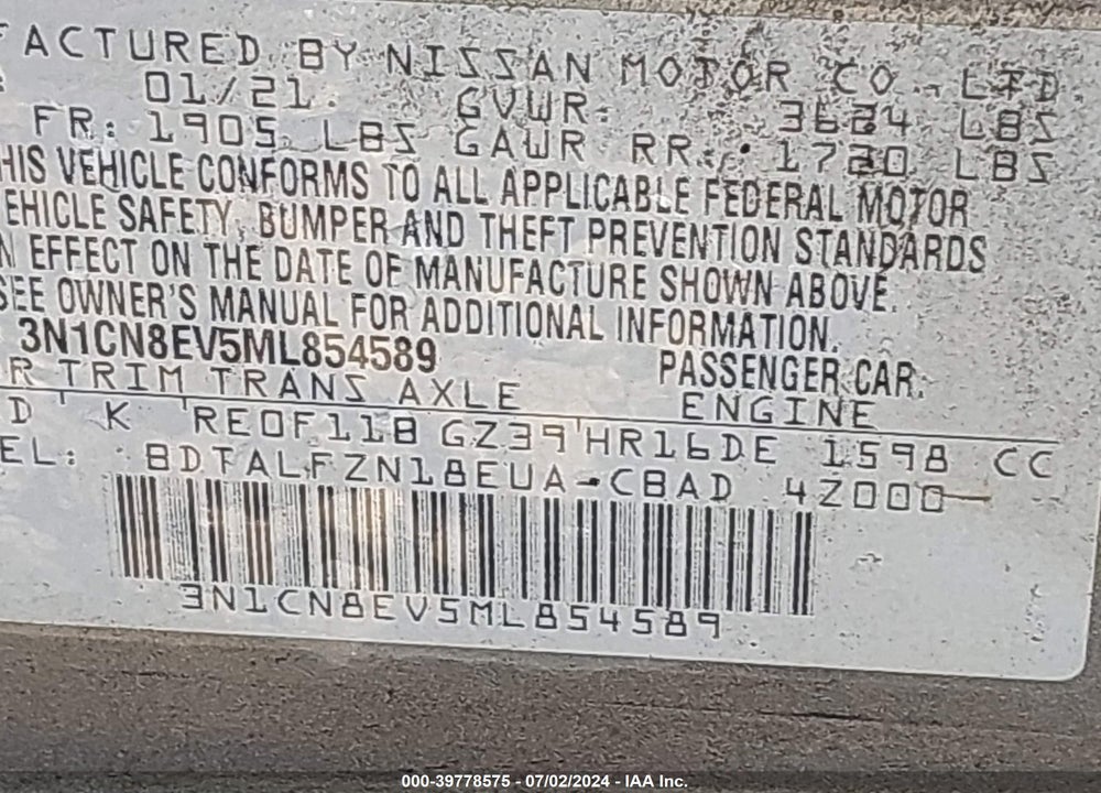 2021 NISSAN VERSA SV XTRONIC CVT VIN: 3N1CN8EV5ML854589
