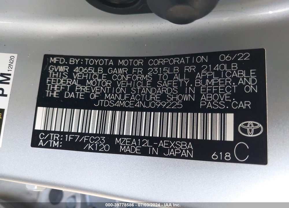 2022 TOYOTA COROLLA SE VIN: JTDS4MCE4NJ099225