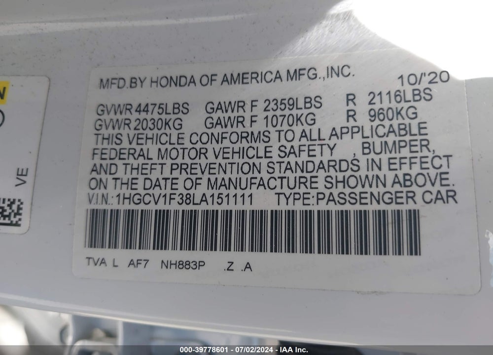 2020 HONDA ACCORD SPORT VIN: 1HGCV1F38LA151111