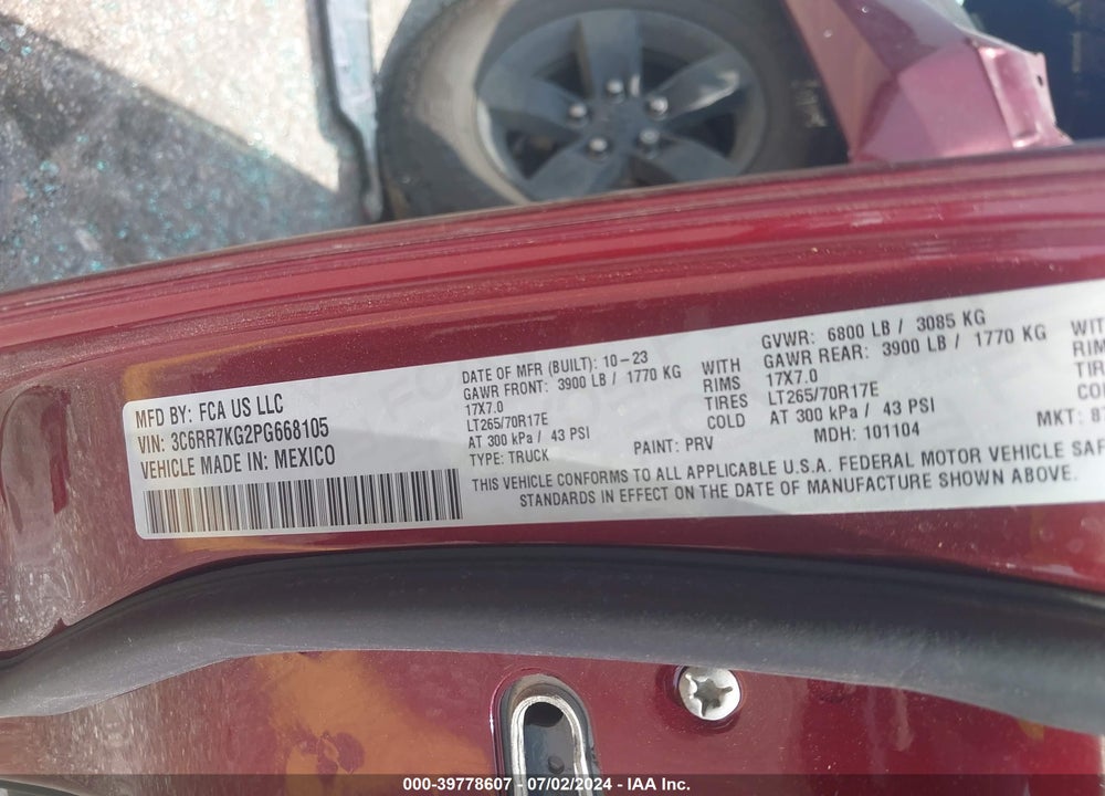 2023 RAM 1500 CLASSIC TRADESMAN 4X4 5'7 BOX VIN: 3C6RR7KG2PG668105