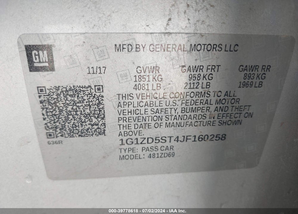 2018 CHEVROLET MALIBU VIN: 1G1ZD5ST4JF160258