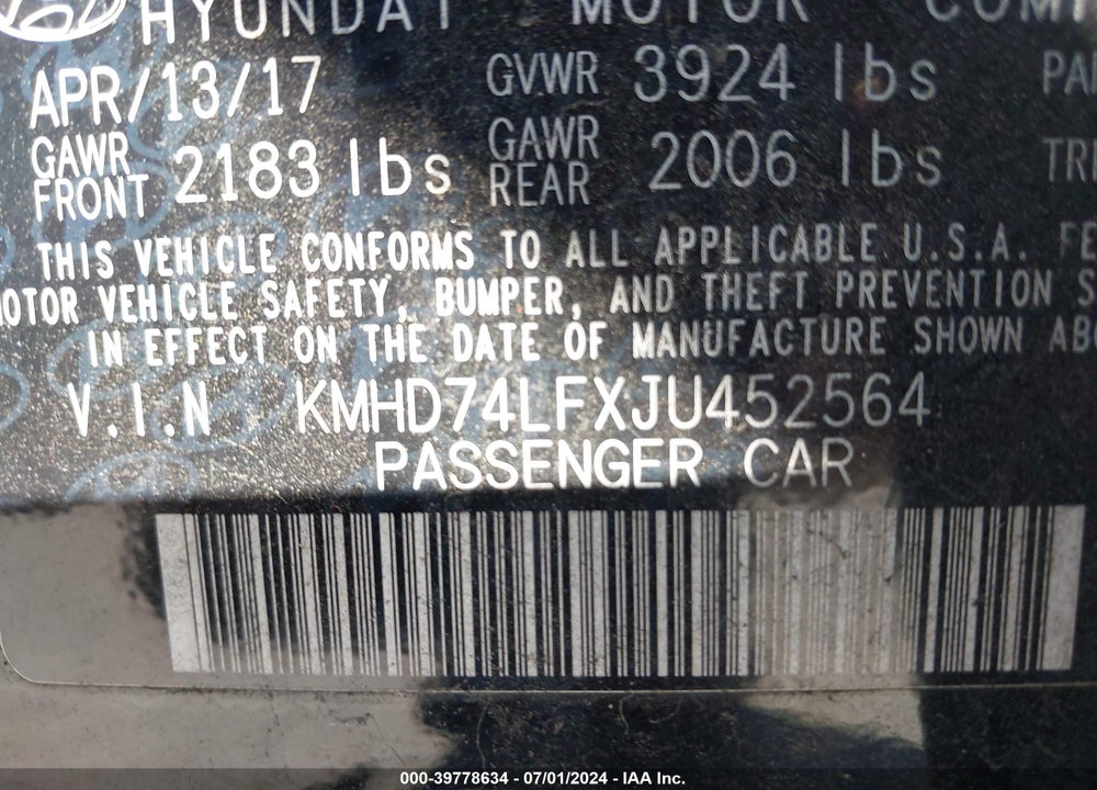 2018 HYUNDAI ELANTRA SE VIN: KMHD74LFXJU452564