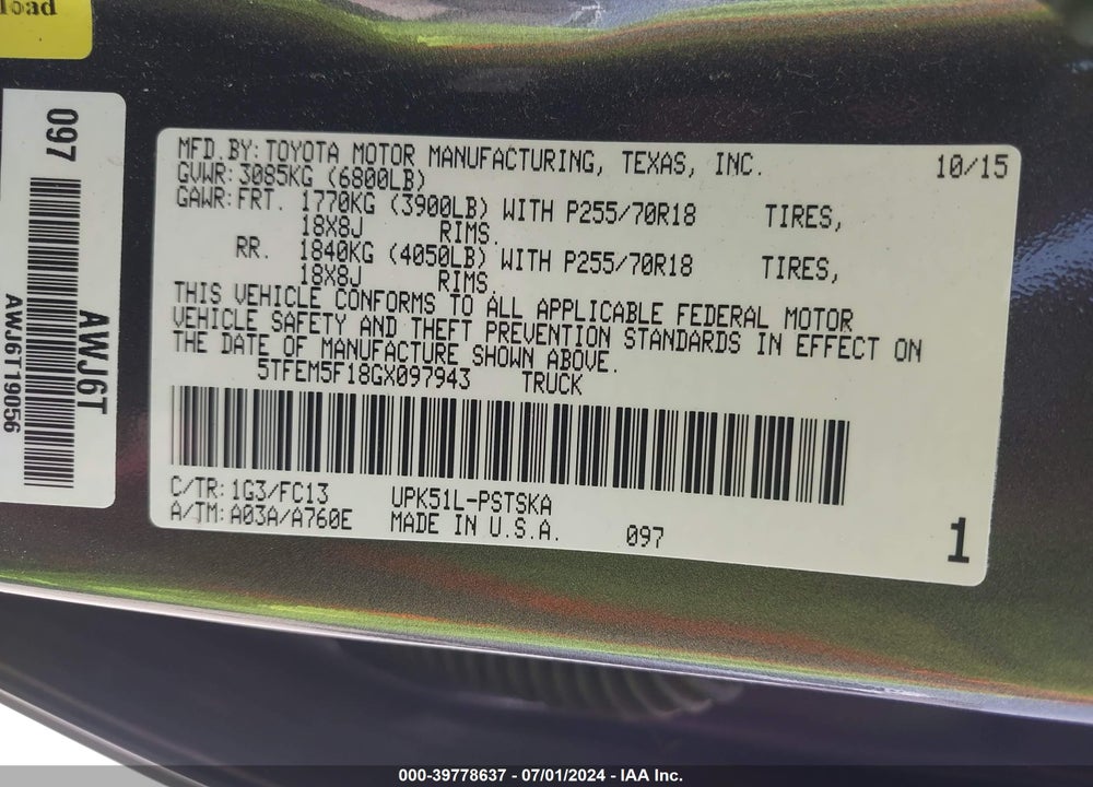 2016 TOYOTA TUNDRA SR5 4.6L V8 VIN: 5TFEM5F18GX097943