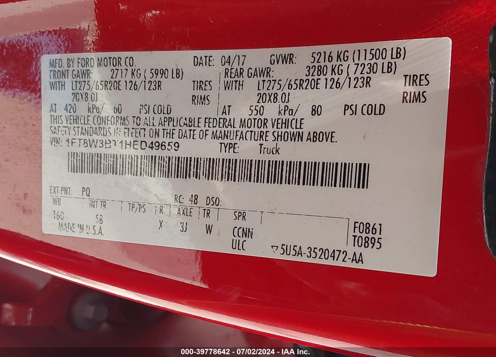 2017 FORD F-350 LARIAT VIN: 1FT8W3BT1HED49659