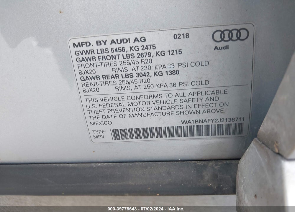 2018 AUDI Q5 2.0T PREMIUM/2.0T TECH PREMIUM VIN: WA1BNAFY2J2136711