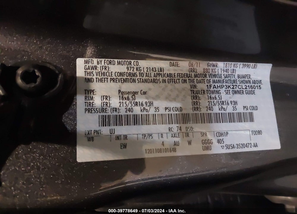 2012 FORD FOCUS SE VIN: 1FAHP3K27CL216015