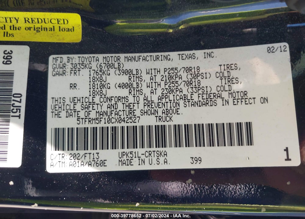 2012 TOYOTA TUNDRA GRADE 4.6L V8 VIN: 5TFRM5F10CX042527