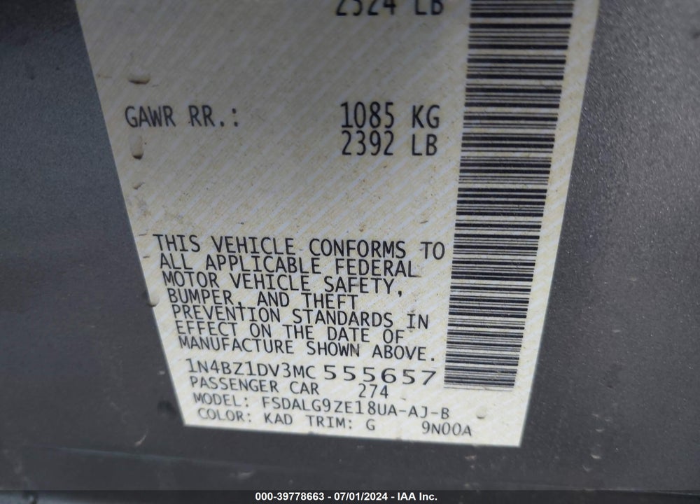 2021 NISSAN LEAF SL PLUS 62 KWH VIN: 1N4BZ1DV3MC555657