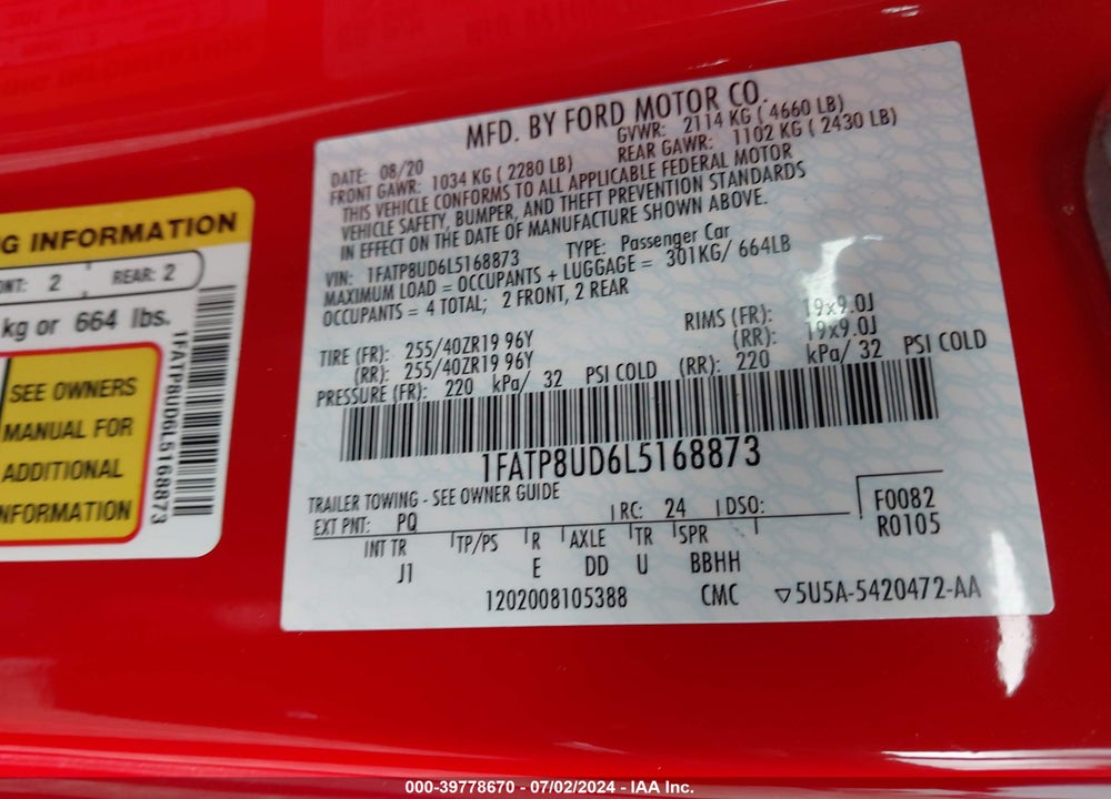 2020 FORD MUSTANG ECOBOOST PREMIUM VIN: 1FATP8UD6L5168873