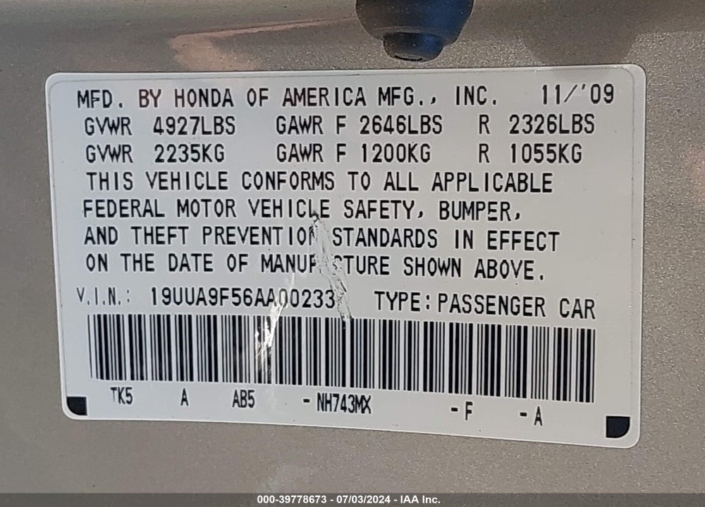 2010 ACURA TL 3.7 VIN: 19UUA9F56AA002337