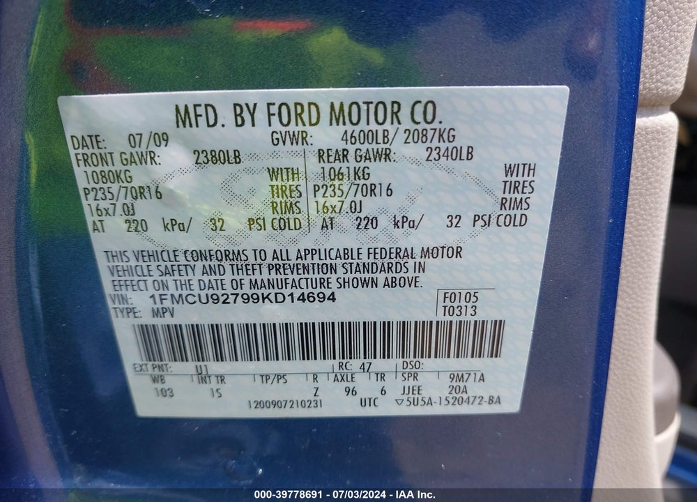 2009 FORD ESCAPE XLS VIN: 1FMCU92799KD14694