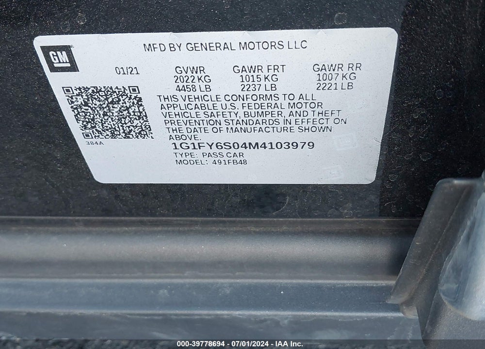 2021 CHEVROLET BOLT EV FWD LT VIN: 1G1FY6S04M4103979