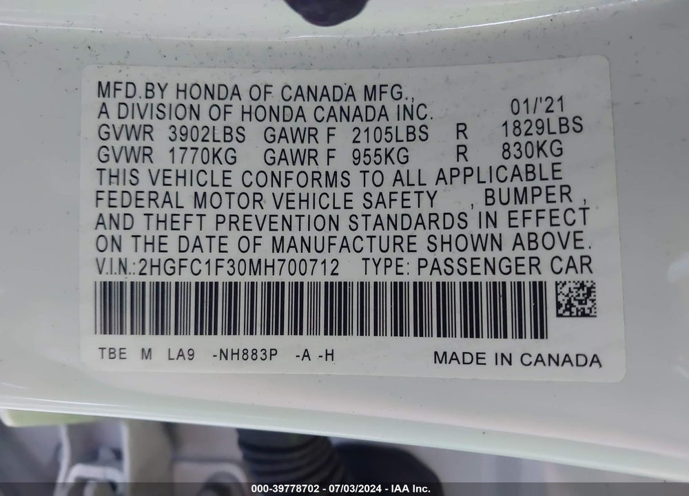 2021 HONDA CIVIC EX VIN: 2HGFC1F30MH700712