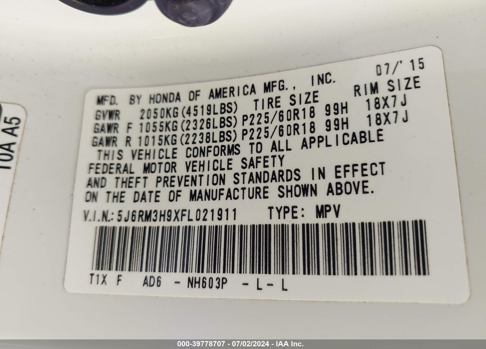 2015 HONDA CR-V TOURING VIN: 5J6RM3H9XFL021911