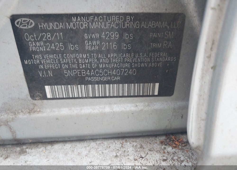 2012 HYUNDAI SONATA GLS VIN: 5NPEB4AC5CH407240