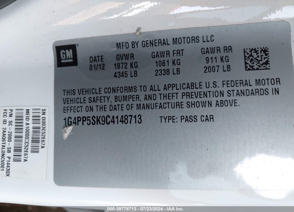 2012 BUICK VERANO VIN: 1G4PP5SK9C4148713