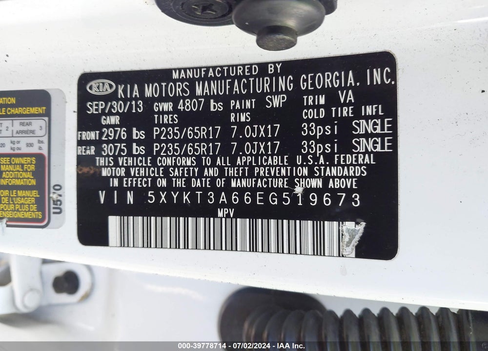 2014 KIA SORENTO LX VIN: 5XYKT3A66EG519673