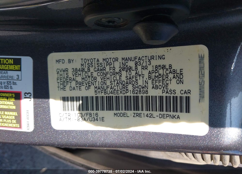 2013 TOYOTA COROLLA LE VIN: 5YFBU4EEXDP162898