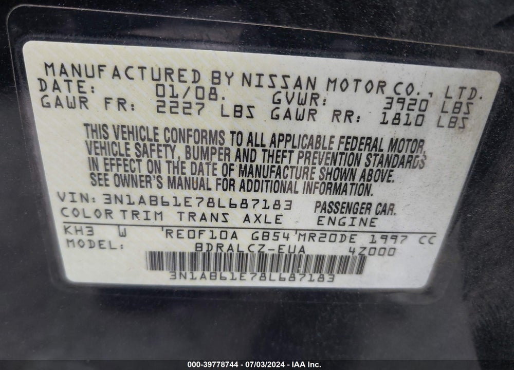 2008 NISSAN SENTRA 2.0 VIN: 3N1AB61E78L687183