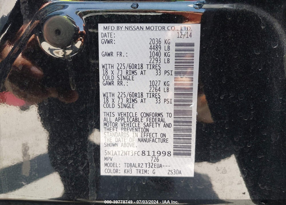 2015 NISSAN ROGUE SL VIN: 5N1AT2MT3FC811998