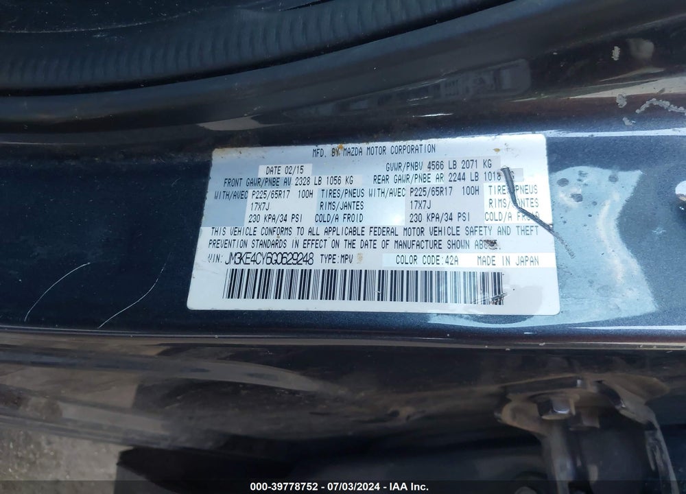 2016 MAZDA CX-5 TOURING VIN: JM3KE4CY6G0629248