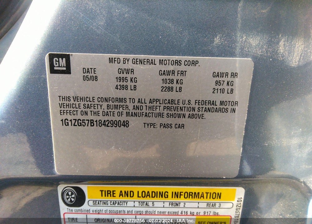 2008 CHEVROLET MALIBU LS VIN: 1G1ZG57B184299048