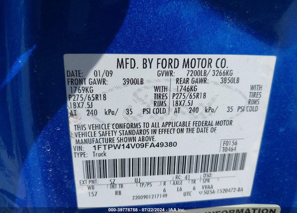 2009 FORD F-150 FX4/KING RANCH/LARIAT/PLATINUM/XL/XLT VIN: 1FTPW14V09FA49380