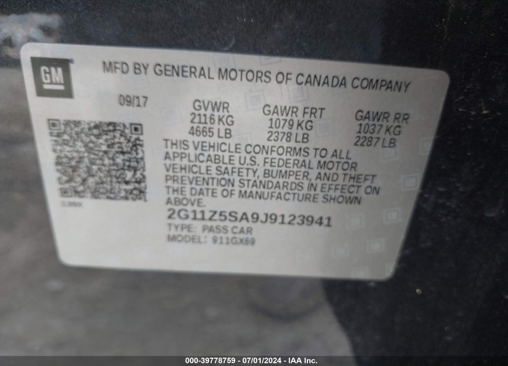 2018 CHEVROLET IMPALA LS VIN: 2G11Z5SA9J9123941