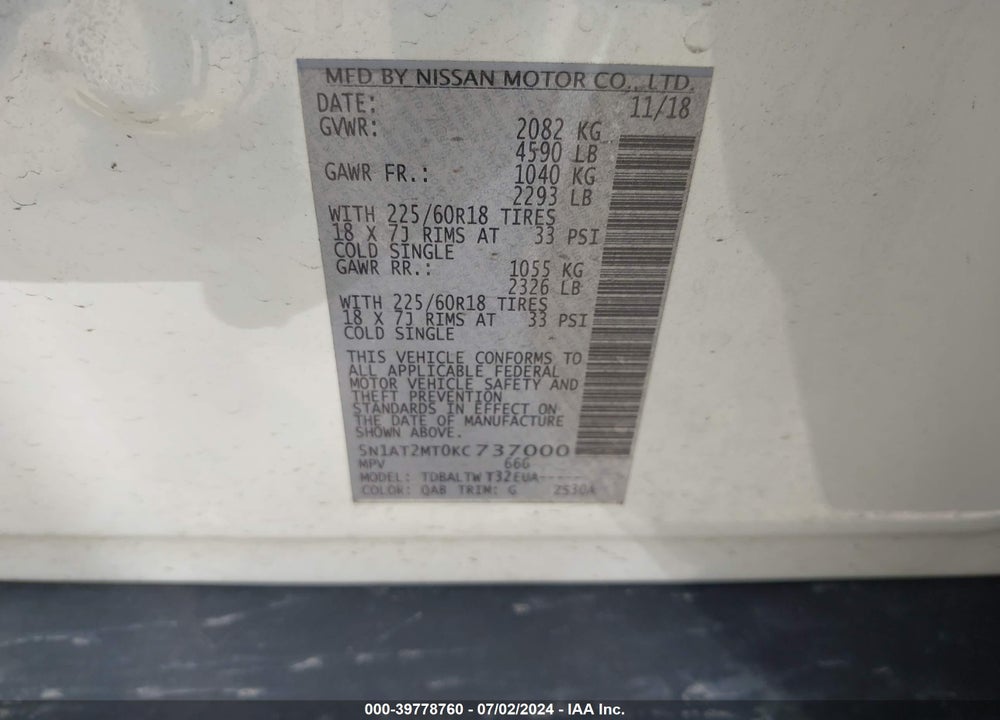 2019 NISSAN ROGUE SV VIN: 5N1AT2MT0KC737000