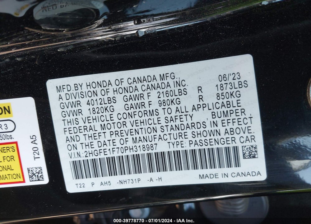 2023 HONDA CIVIC VIN: 2HGFE1F70PH318987
