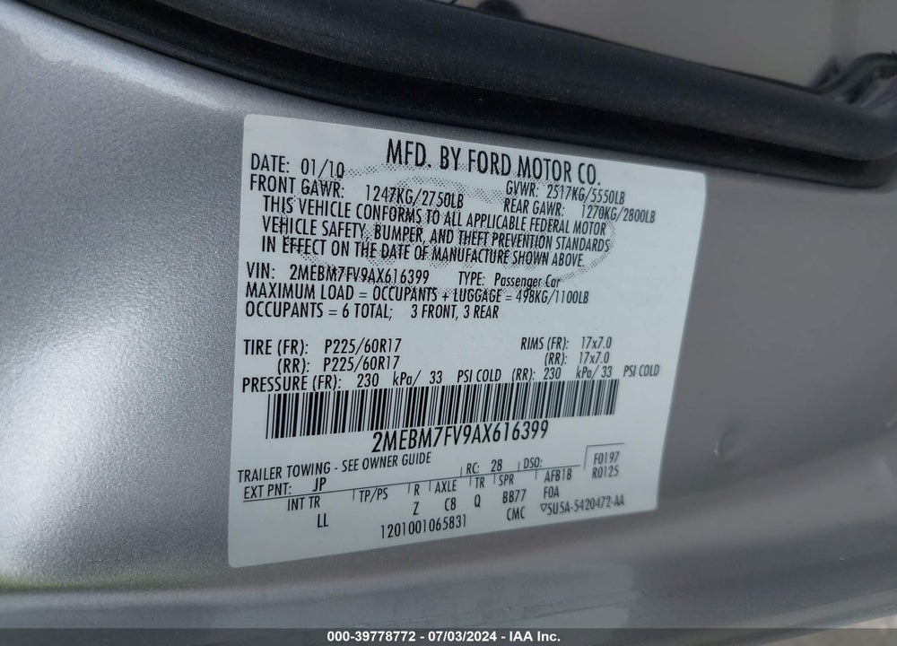 2010 MERCURY GRAND MARQUIS LS (FLEET ONLY) VIN: 2MEBM7FV9AX616399