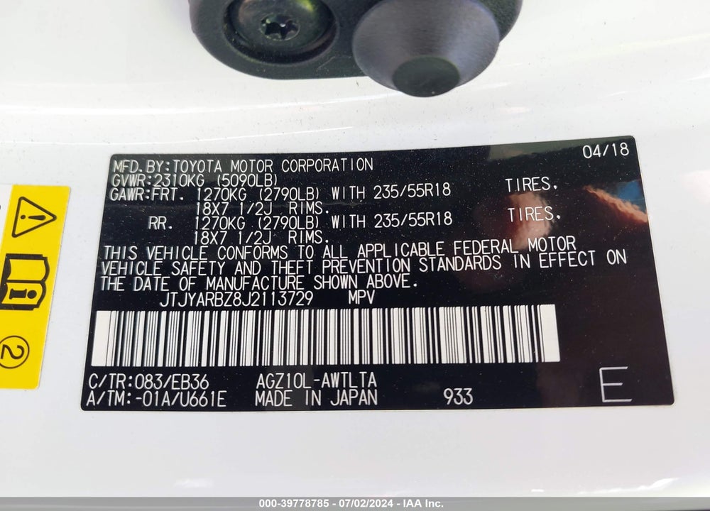 2018 LEXUS NX 300 F-SPORT VIN: JTJYARBZ8J2113729