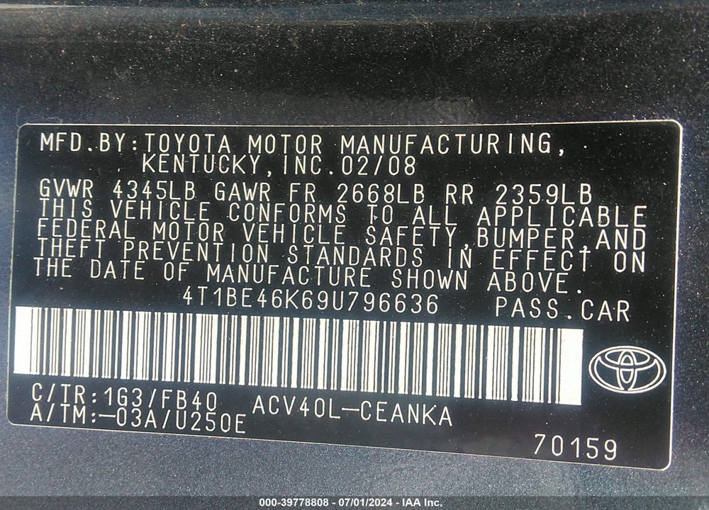 2009 TOYOTA CAMRY LE VIN: 4T1BE46K69U796636