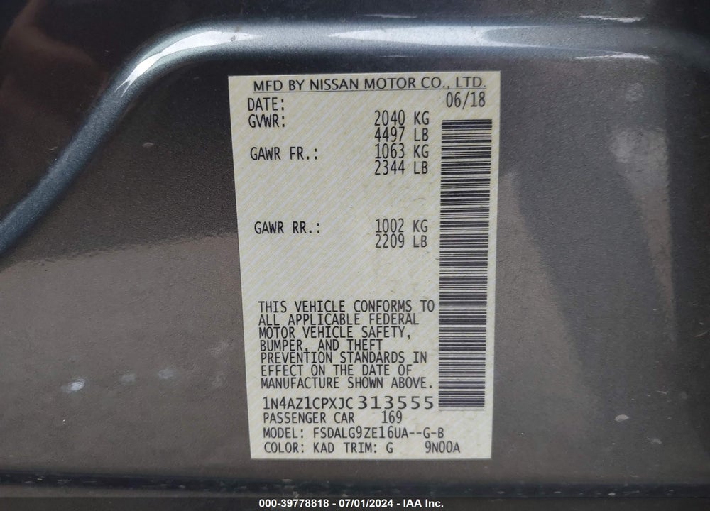 2018 NISSAN LEAF SL VIN: 1N4AZ1CPXJC313555