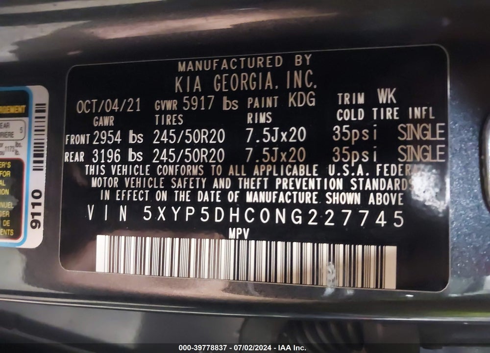2022 KIA TELLURIDE SX VIN: 5XYP5DHC0NG227745