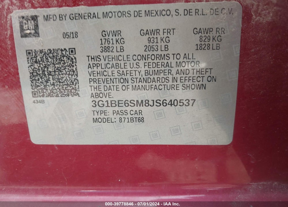 2018 CHEVROLET CRUZE LT AUTO VIN: 3G1BE6SM8JS640537