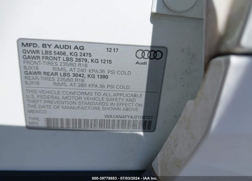 2018 AUDI Q5 2.0T PREMIUM/2.0T TECH PREMIUM VIN: WA1ANAFY4J2108727