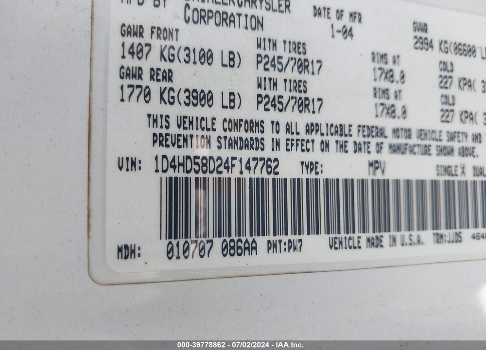 2004 DODGE DURANGO LIMITED VIN: 1D4HD58D24F147762