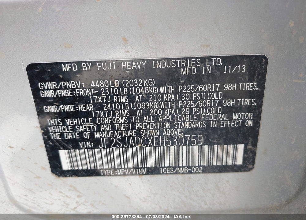2014 SUBARU FORESTER 2.5I PREMIUM VIN: JF2SJADCXEH530759