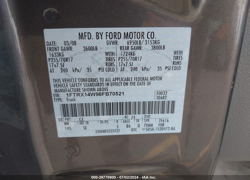 2008 FORD F-150 STX/XL/XLT VIN: 1FTRX14W98FB70521