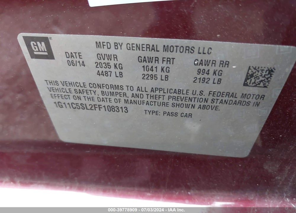 2015 CHEVROLET MALIBU 1LT VIN: 1G11C5SL2FF108313