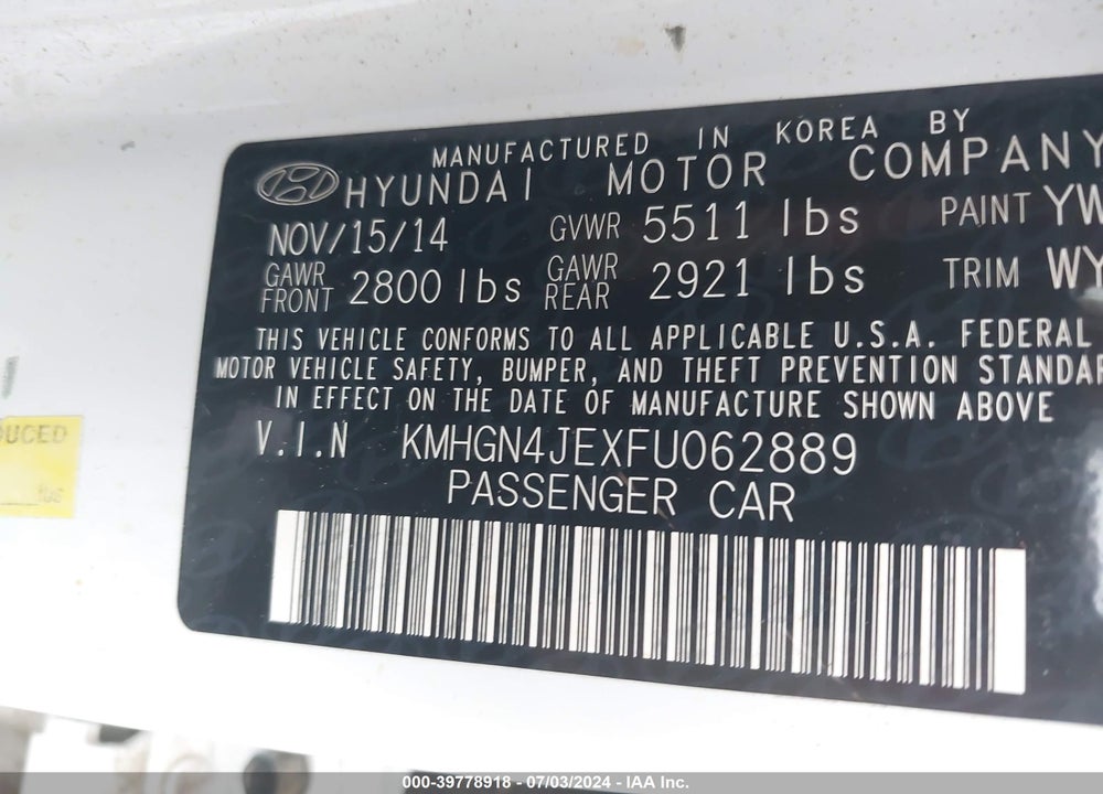 2015 HYUNDAI GENESIS 3.8 VIN: KMHGN4JEXFU062889