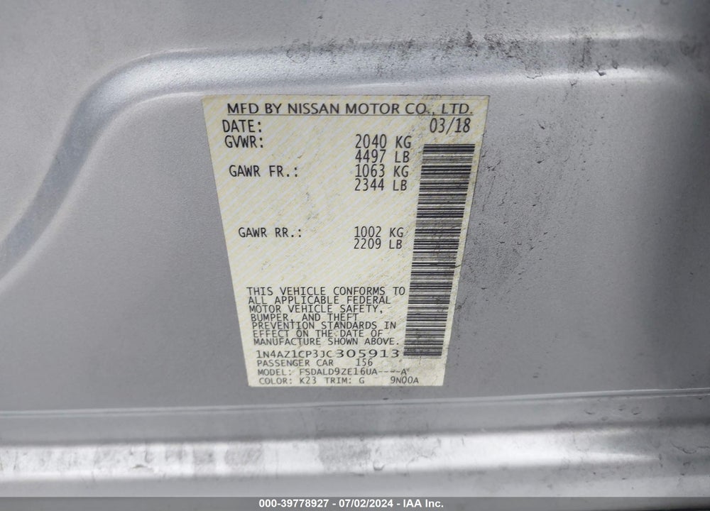 2018 NISSAN LEAF SV VIN: 1N4AZ1CP3JC305913