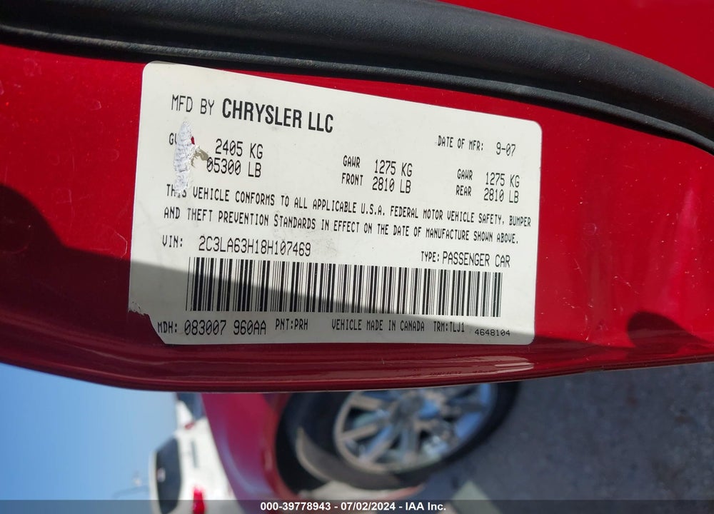 2008 CHRYSLER 300C VIN: 2C3LA63H18H107469