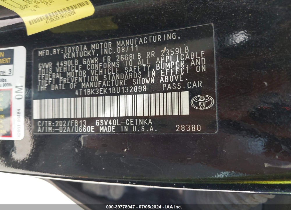 2011 TOYOTA CAMRY LE V6 VIN: 4T1BK3EK1BU132898
